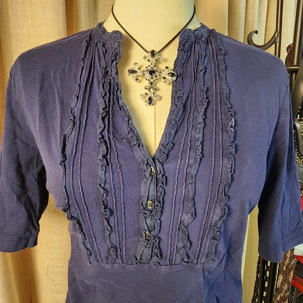 Lauren Ralph Lauren Top M Navy Blue Cotton Ruffle Bib Pintuck Short Sleeve Shirt